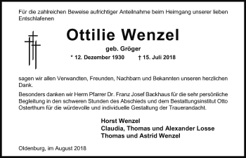 Traueranzeige von Ottilie Wenzel von Nordwest-Zeitung