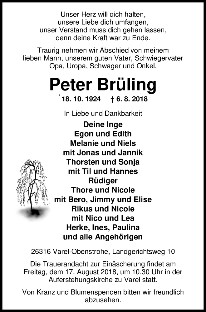  Traueranzeige für Peter Brüling vom 11.08.2018 aus Nordwest-Zeitung