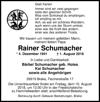 Traueranzeige von Rainer Schumacher von Nordwest-Zeitung