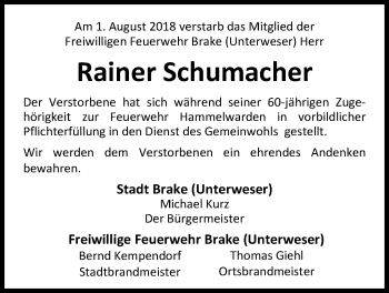 Traueranzeige von Rainer Schumacher von Nordwest-Zeitung