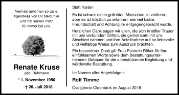 Traueranzeige von Renate Kruse von Nordwest-Zeitung