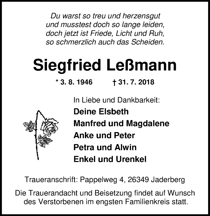  Traueranzeige für Siegfried Leßmann vom 04.08.2018 aus Nordwest-Zeitung