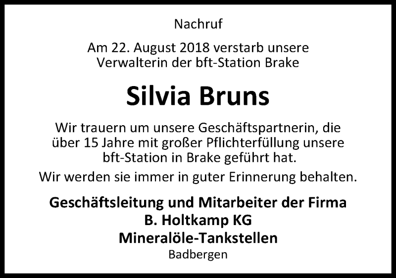 Traueranzeige für Silvia Bruns vom 31.08.2018 aus Nordwest-Zeitung