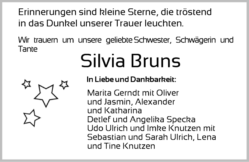  Traueranzeige für Silvia Bruns vom 27.08.2018 aus Nordwest-Zeitung
