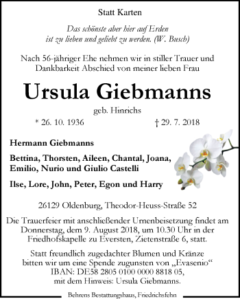 Traueranzeige von Ursula Giebmanns von Nordwest-Zeitung