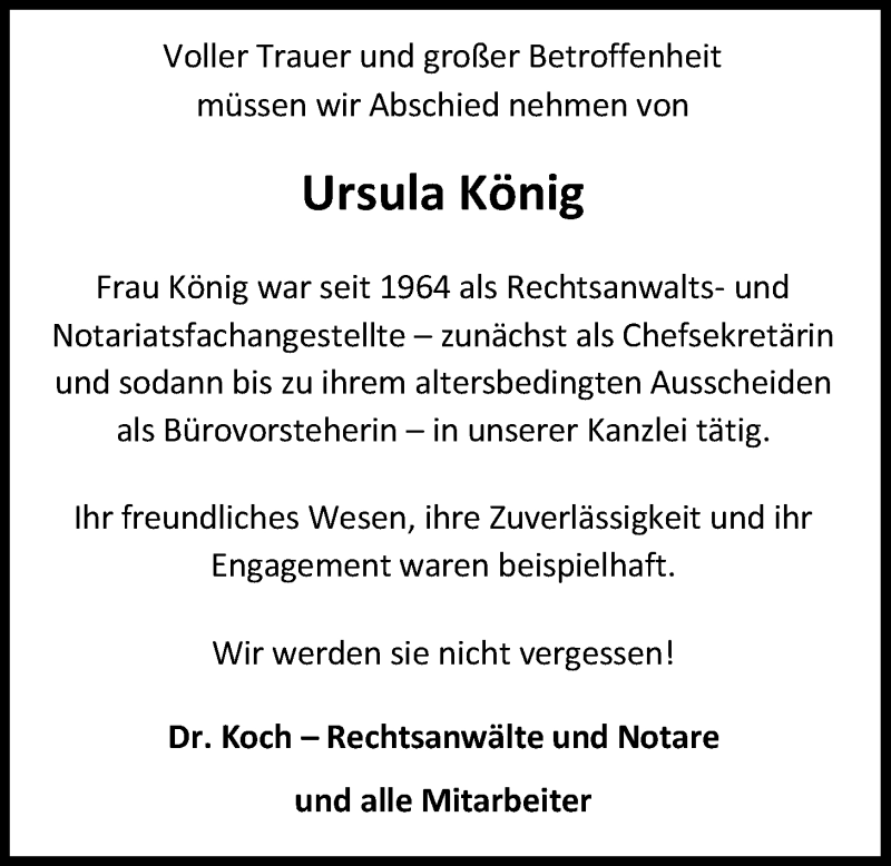  Traueranzeige für Ursula König vom 11.08.2018 aus Nordwest-Zeitung