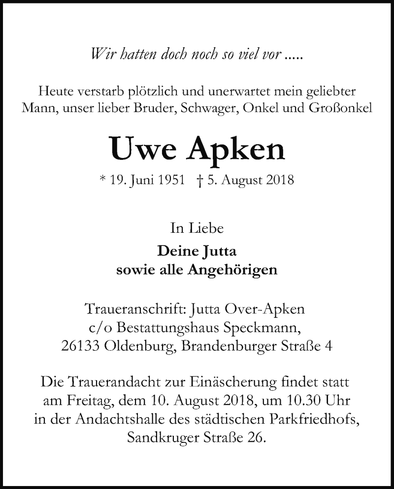  Traueranzeige für Uwe Apken vom 08.08.2018 aus Nordwest-Zeitung