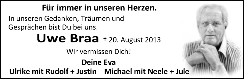  Traueranzeige für Uwe Braa vom 20.08.2018 aus Nordwest-Zeitung