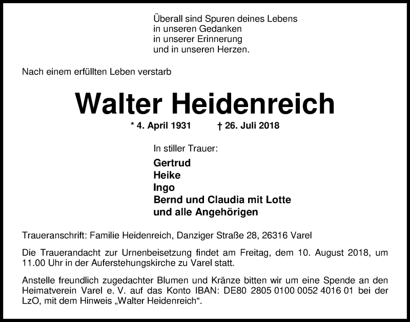  Traueranzeige für Walter Heidenreich vom 04.08.2018 aus Nordwest-Zeitung