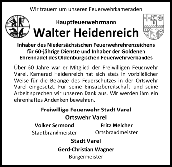 Traueranzeige von Walter Heidenreich von Nordwest-Zeitung