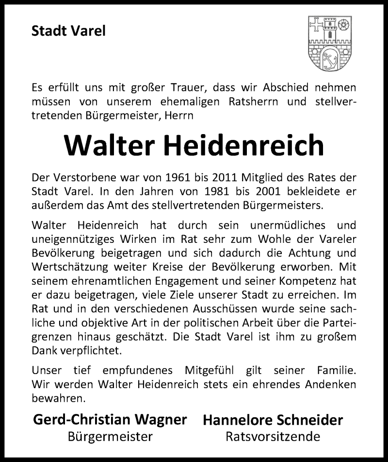  Traueranzeige für Walter Heidenreich vom 04.08.2018 aus Nordwest-Zeitung