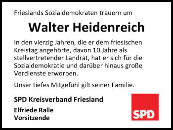 Traueranzeige von Walter Heidenreich von Nordwest-Zeitung