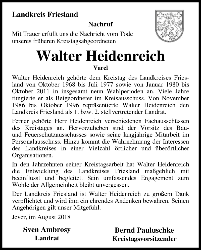  Traueranzeige für Walter Heidenreich vom 04.08.2018 aus Nordwest-Zeitung