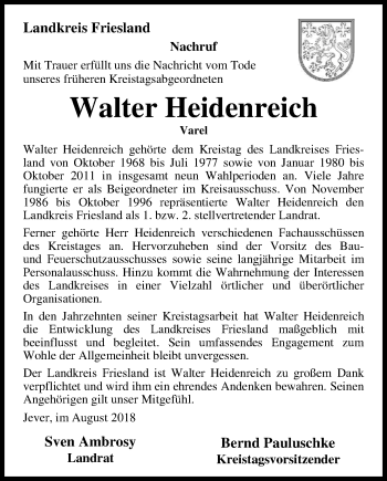 Traueranzeige von Walter Heidenreich von Nordwest-Zeitung