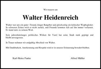 Traueranzeige von Walter Heidenreich von Nordwest-Zeitung