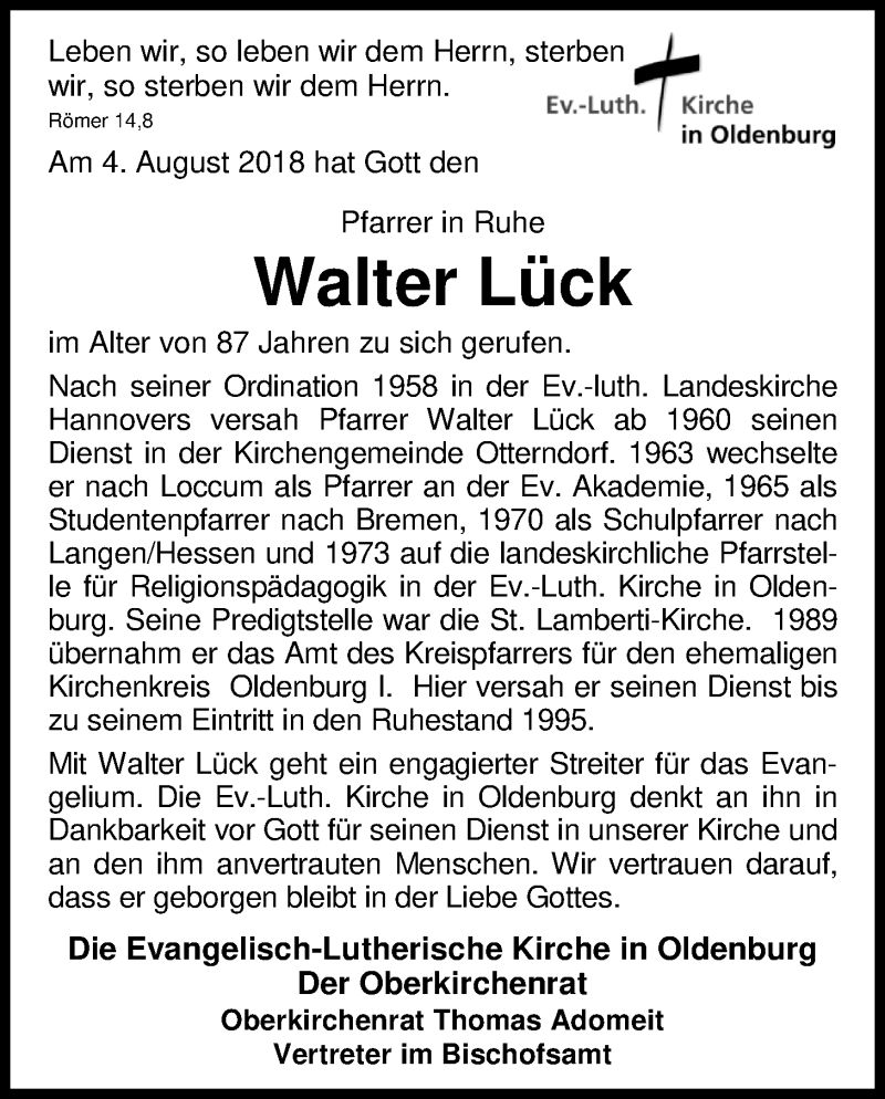  Traueranzeige für Walter Lück vom 11.08.2018 aus Nordwest-Zeitung