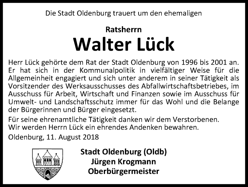  Traueranzeige für Walter Lück vom 11.08.2018 aus Nordwest-Zeitung