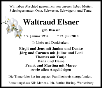 Traueranzeige von Waltraut Elsner von Nordwest-Zeitung