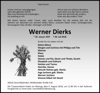 Traueranzeige von Werner Dierks von Nordwest-Zeitung