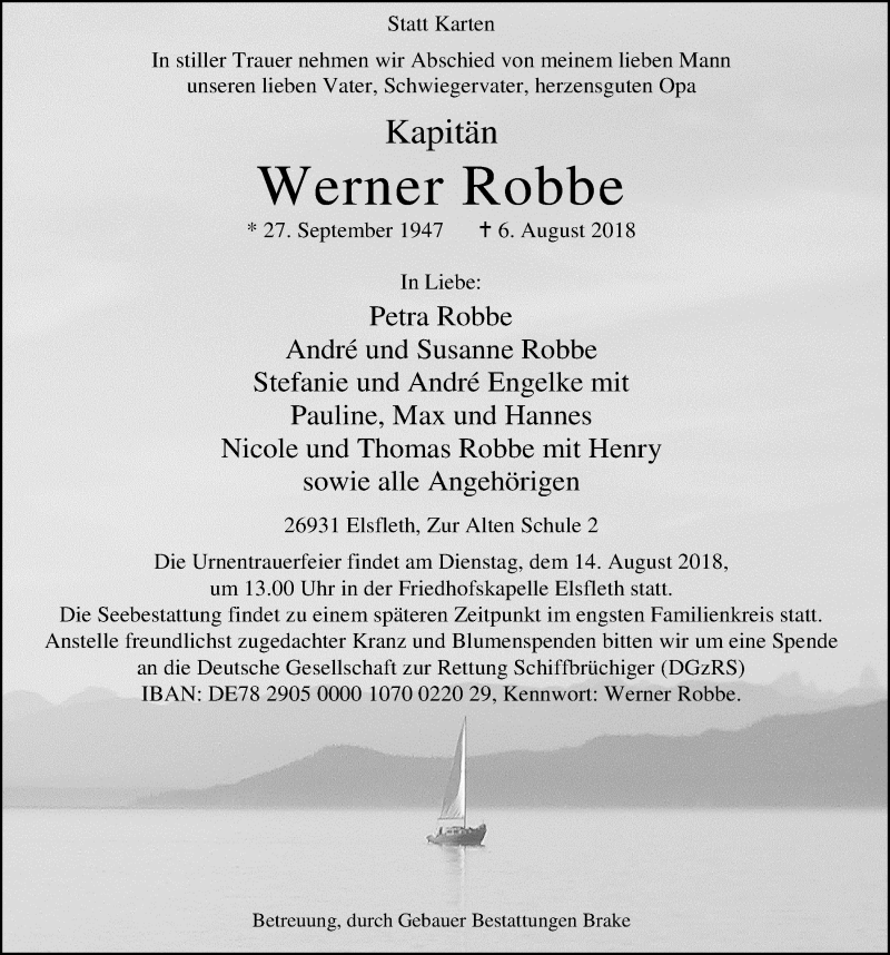  Traueranzeige für Werner Robbe vom 08.08.2018 aus Nordwest-Zeitung