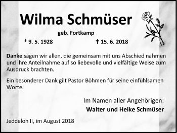 Traueranzeige von Wilma Schmüser von Nordwest-Zeitung
