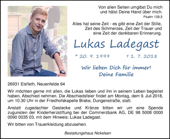 Traueranzeige von Lukas Ladegast von Nordwest-Zeitung