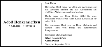 Traueranzeige von Adolf Henkensiefken von Nordwest-Zeitung