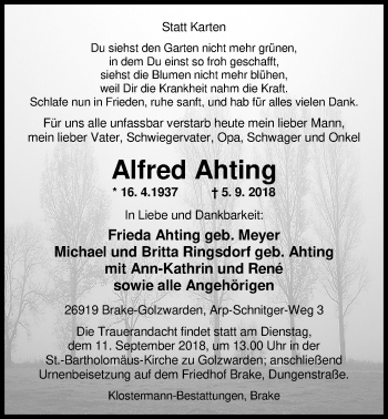 Traueranzeige von Alfred Ahting von Nordwest-Zeitung