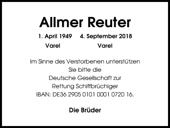 Traueranzeige von Allmer Reuter von Nordwest-Zeitung