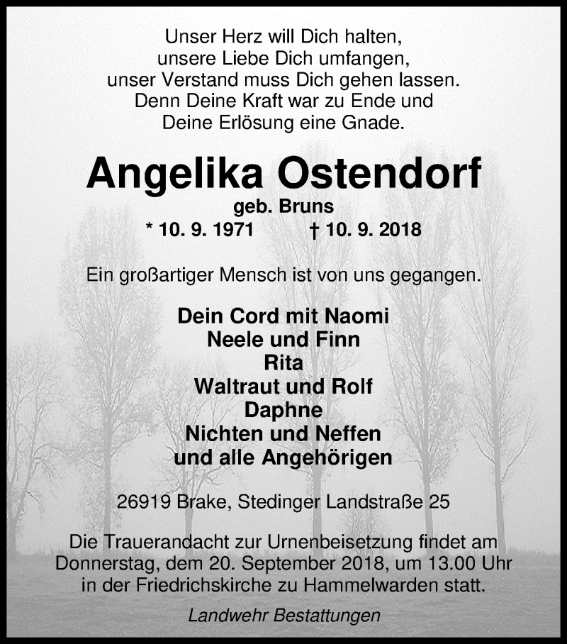  Traueranzeige für Angelika Ostendorf vom 13.09.2018 aus Nordwest-Zeitung
