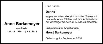 Traueranzeige von Anne Barkemeyer von Nordwest-Zeitung