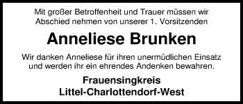 Traueranzeige von Anneliese Brunken von Nordwest-Zeitung
