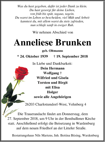 Traueranzeige von Anneliese Brunken von Nordwest-Zeitung
