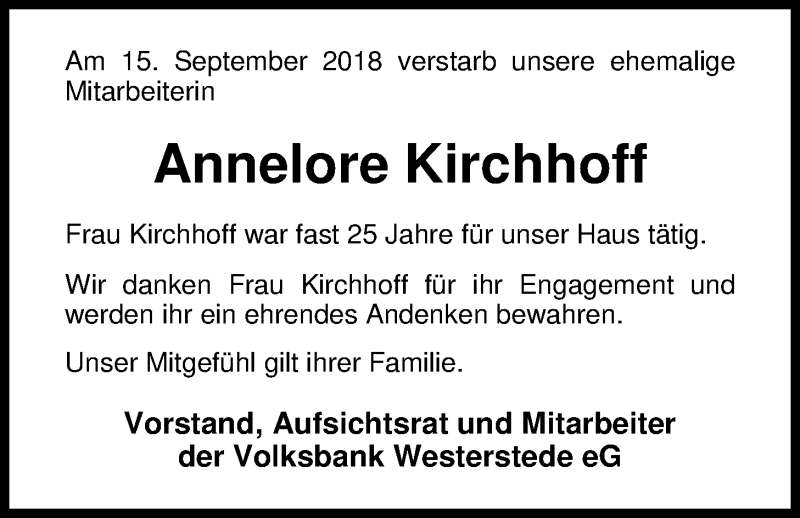  Traueranzeige für Annelore Kirchhoff vom 27.09.2018 aus Nordwest-Zeitung