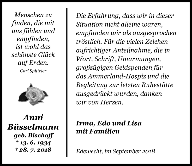  Traueranzeige für Anni Büsselmann vom 01.09.2018 aus Nordwest-Zeitung