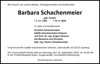 Traueranzeige von Barbara Schachenmeier von Nordwest-Zeitung
