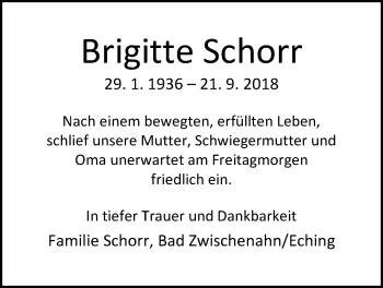 Traueranzeige von Brigitte Schorr von Nordwest-Zeitung