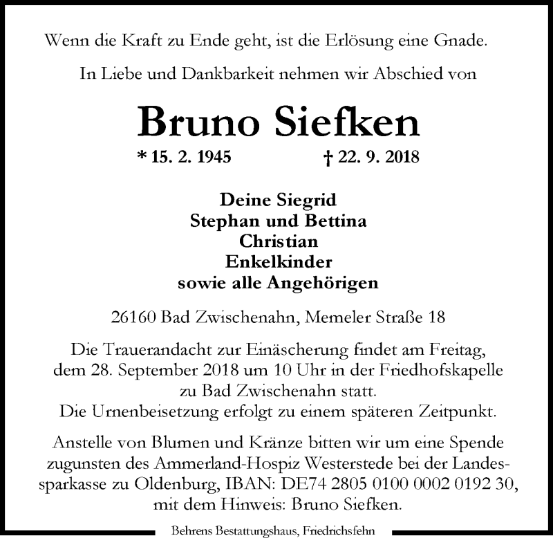  Traueranzeige für Bruno Siefken vom 26.09.2018 aus Nordwest-Zeitung