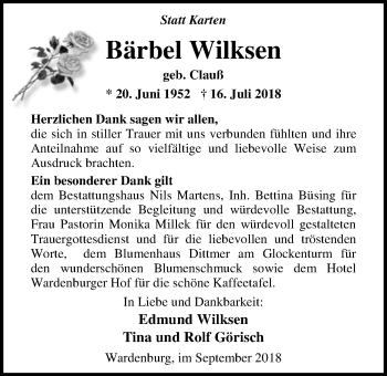 Traueranzeige von Bärbel Wilksen von Nordwest-Zeitung