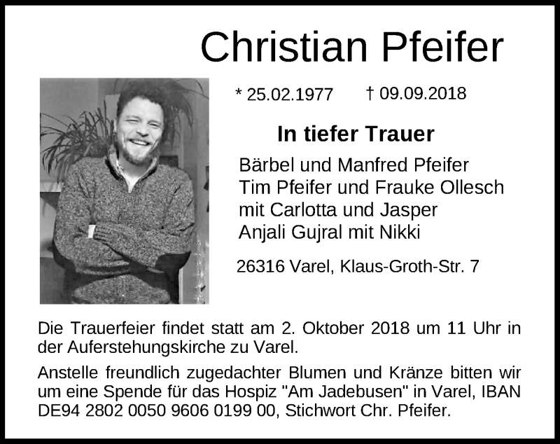  Traueranzeige für Christian Pfeifer vom 26.09.2018 aus Nordwest-Zeitung