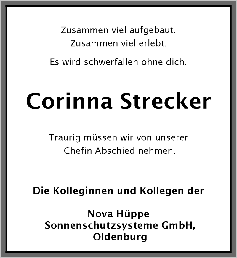  Traueranzeige für Corinna Strecker vom 18.09.2018 aus Nordwest-Zeitung