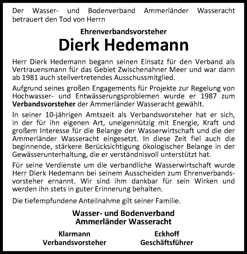  Traueranzeige für Dierk Hedemann vom 25.09.2018 aus Nordwest-Zeitung