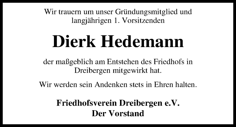  Traueranzeige für Dierk Hedemann vom 25.09.2018 aus Nordwest-Zeitung