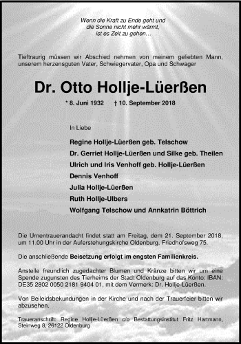 Traueranzeige von Dr. Otto Hollje-Lüerßen von Nordwest-Zeitung
