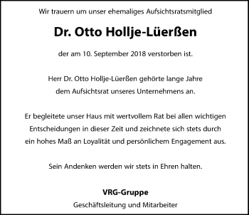 Traueranzeige von Dr. Otto Hollje-Lüerßen von Nordwest-Zeitung