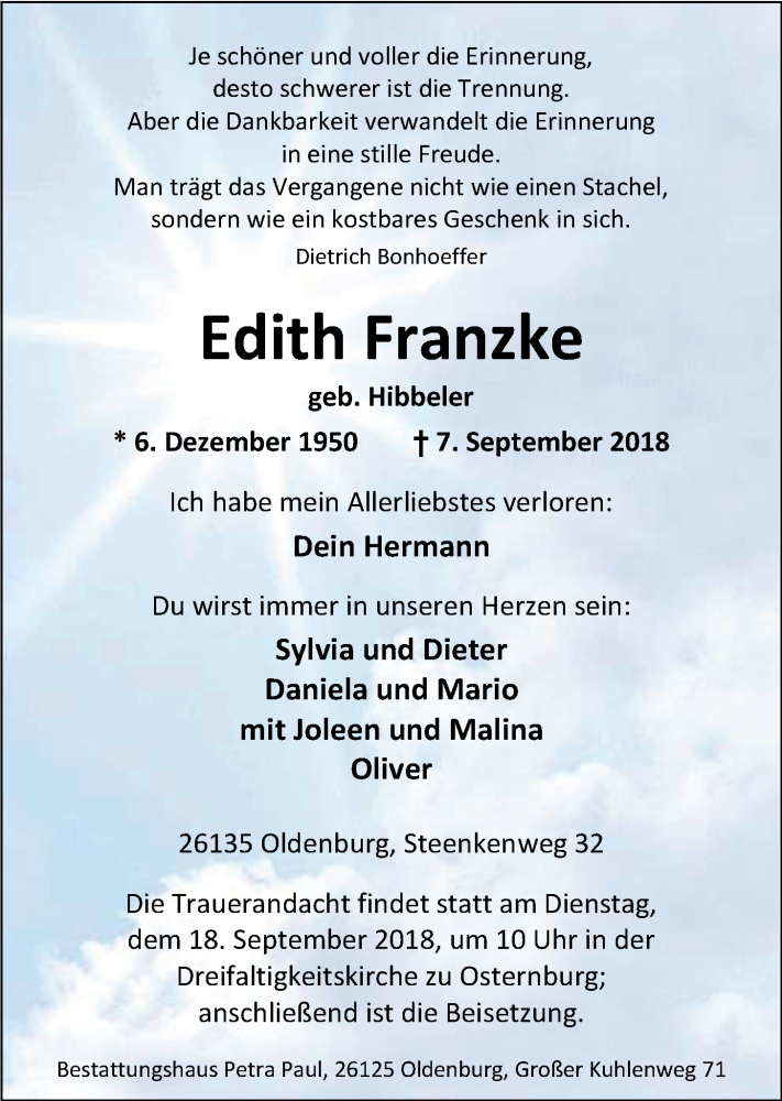  Traueranzeige für Edith Franzke vom 11.09.2018 aus Nordwest-Zeitung