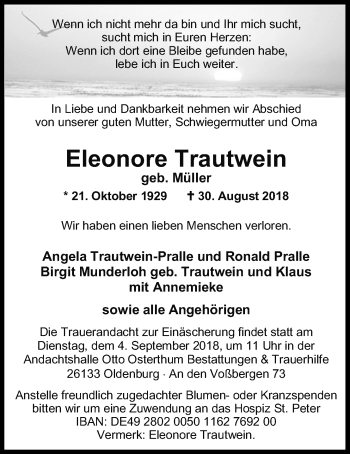 Traueranzeige von Eleonore Trautwein von Nordwest-Zeitung