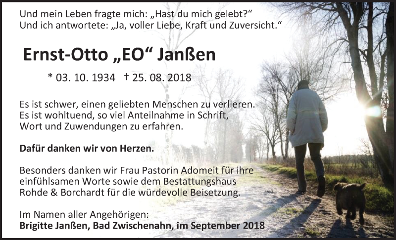  Traueranzeige für Ernst-Otto Janßen vom 28.09.2018 aus Nordwest-Zeitung