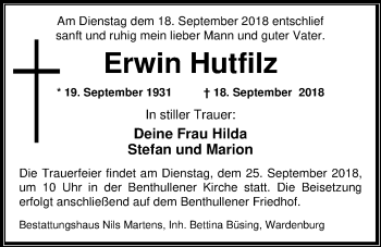 Traueranzeige von Erwin Hutfilz von Nordwest-Zeitung
