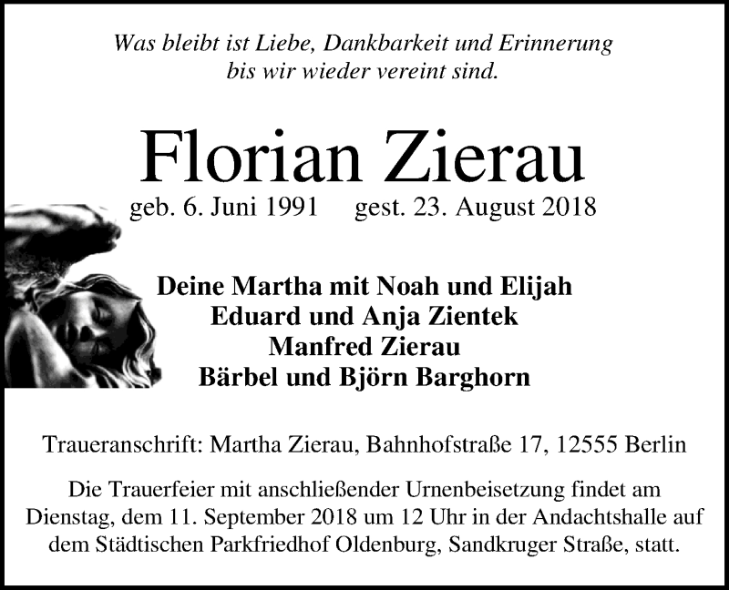  Traueranzeige für Florian Zierau vom 05.09.2018 aus Nordwest-Zeitung